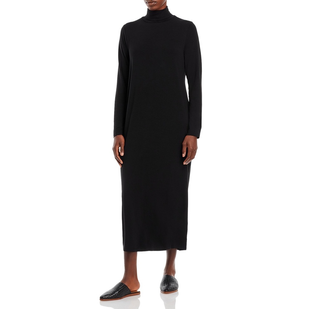 NEW Eileen Fisher Women Fine Jersey Scrunch Neck Slim Long Length Dress Green XS